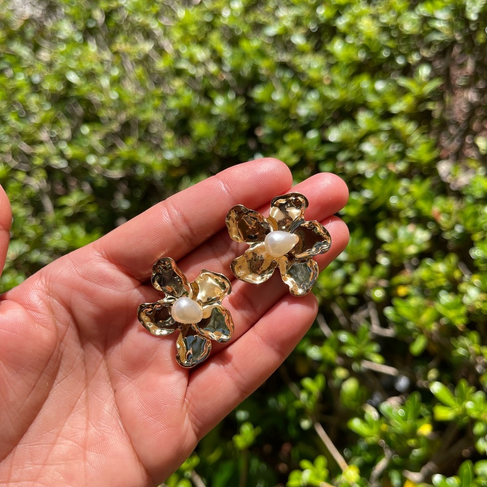 Gold and Pearl Flower Earrings